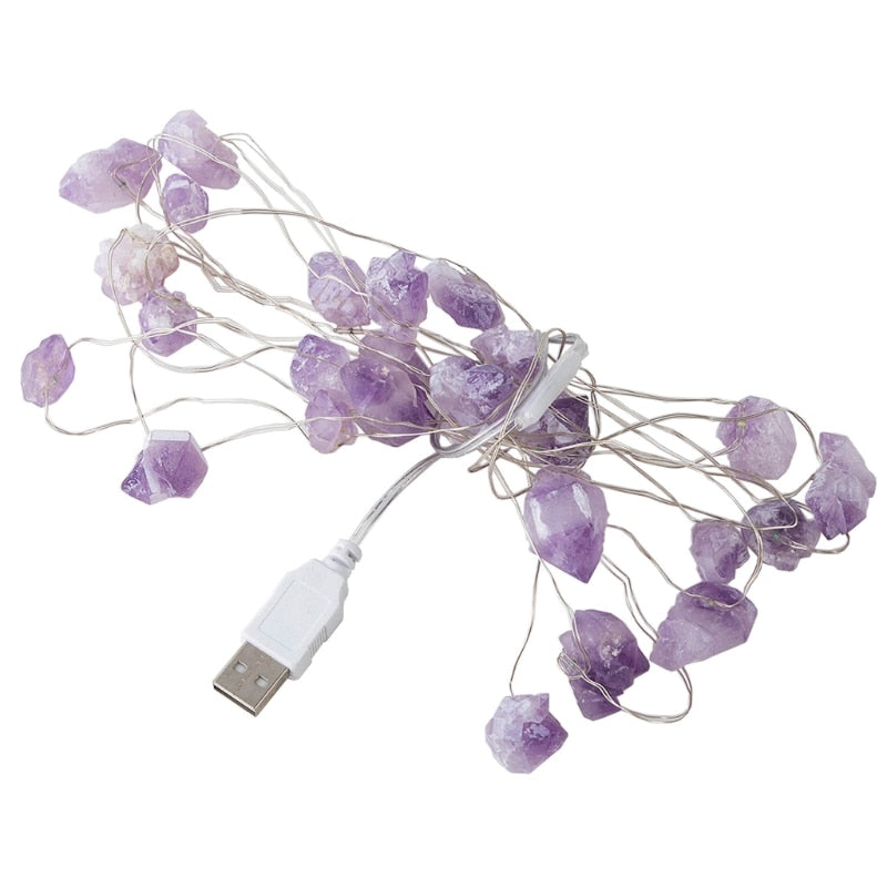 Natural Amethyst Fairy Lights Crystal String Lights Raw Stones 30 LEDs USB Powered Home Party Wedding Ornaments String Light